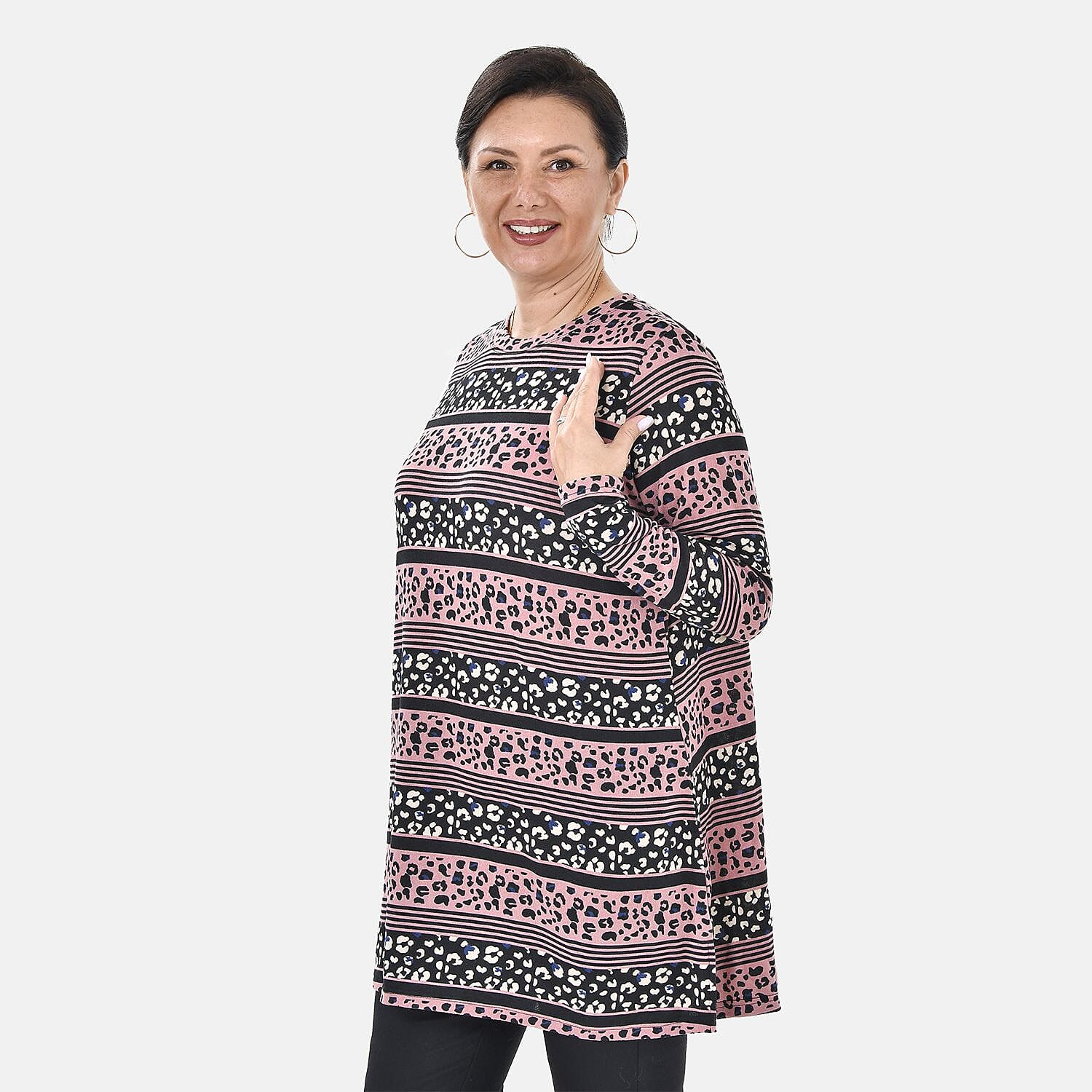 Tamsy Crew Neck Jersey Drape Top (One Size,8-18) - Black - Pink