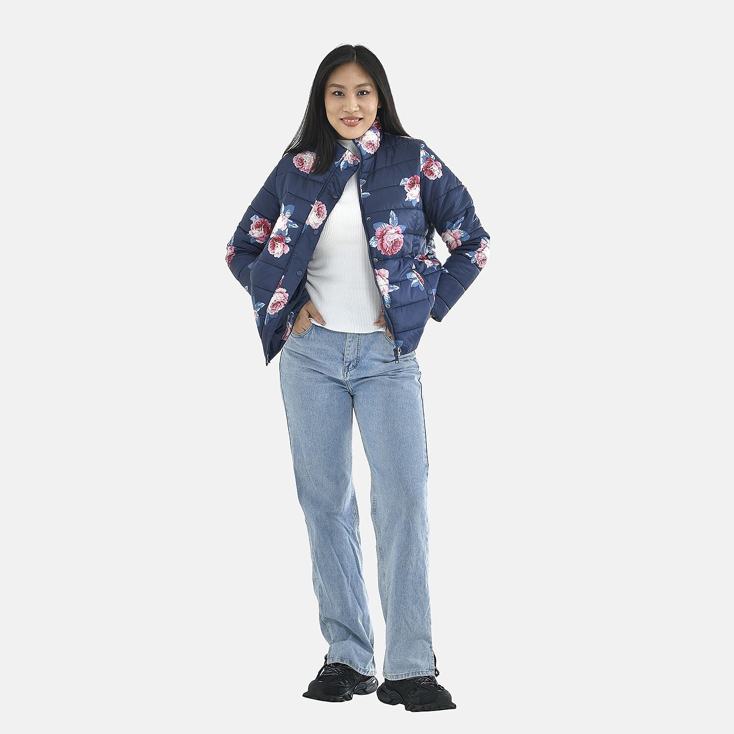 Peony Patterned Padded Jacket with 2 Side Pockets (Size XXL, 140X70 cm) - Navy