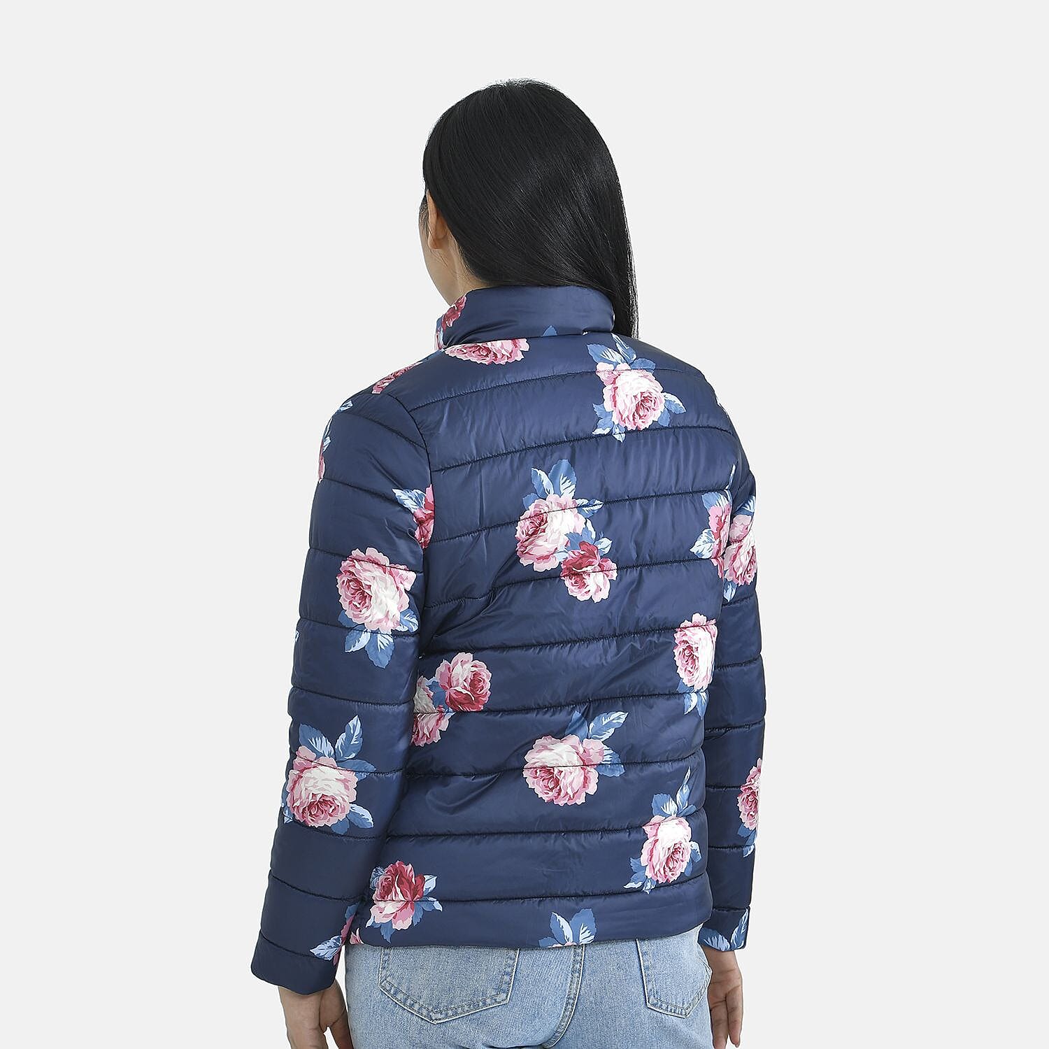 Peony Patterned Padded Jacket with 2 Side Pockets (Size XXL, 140X70 cm) - Navy