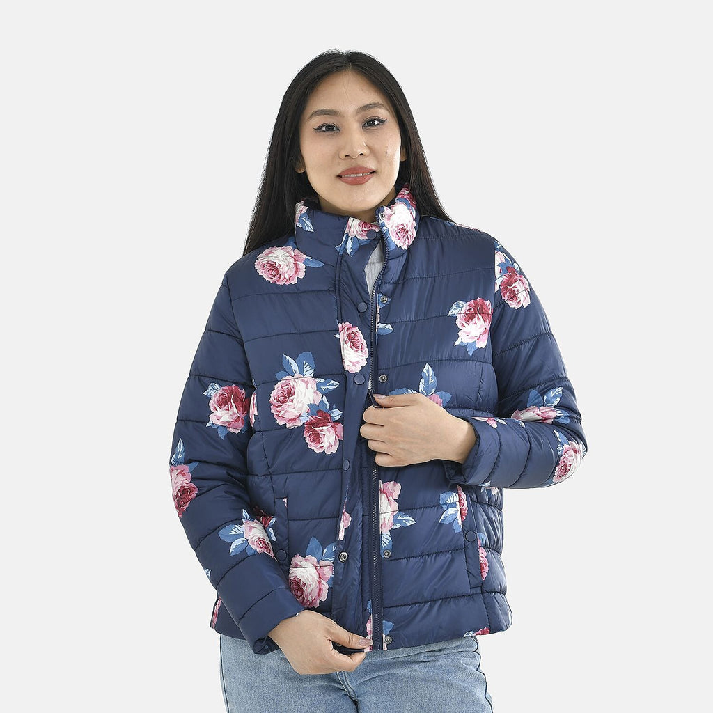 Peony Patterned Padded Jacket with 2 Side Pockets (Size XXL, 140X70 cm) - Navy