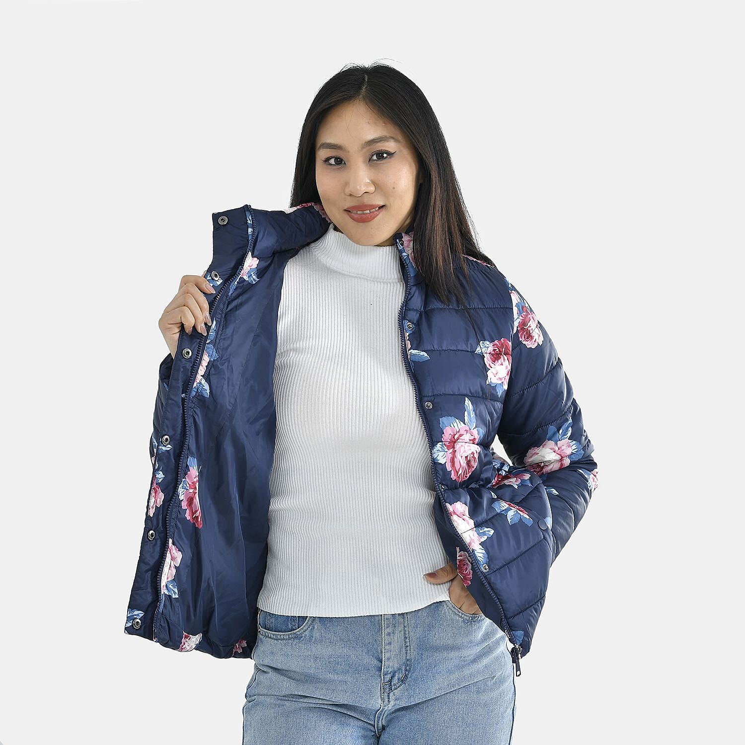 Peony Patterned Padded Jacket with 2 Side Pockets (Size XXL, 140X70 cm) - Navy