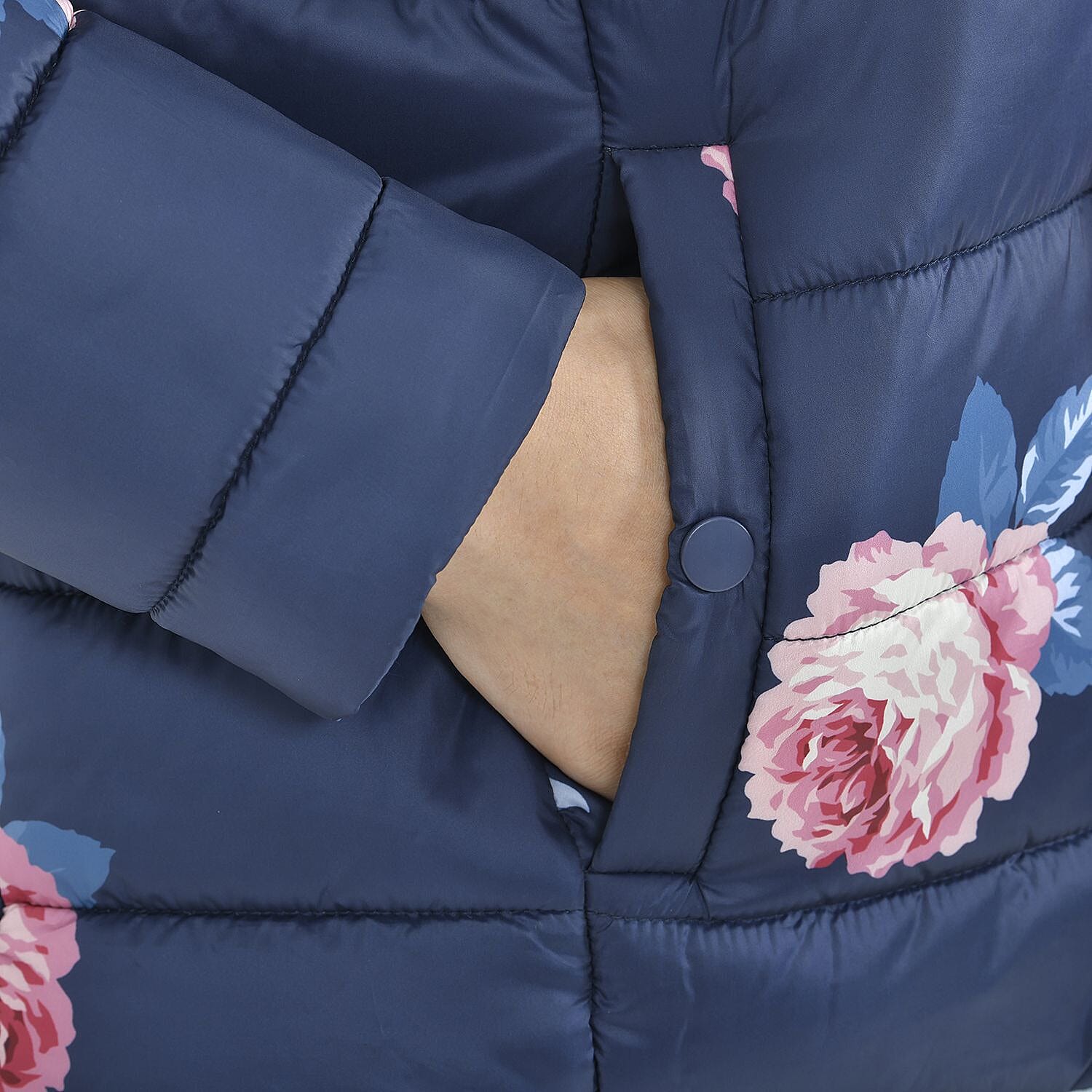 Peony Patterned Padded Jacket with 2 Side Pockets (Size XXL, 140X70 cm) - Navy