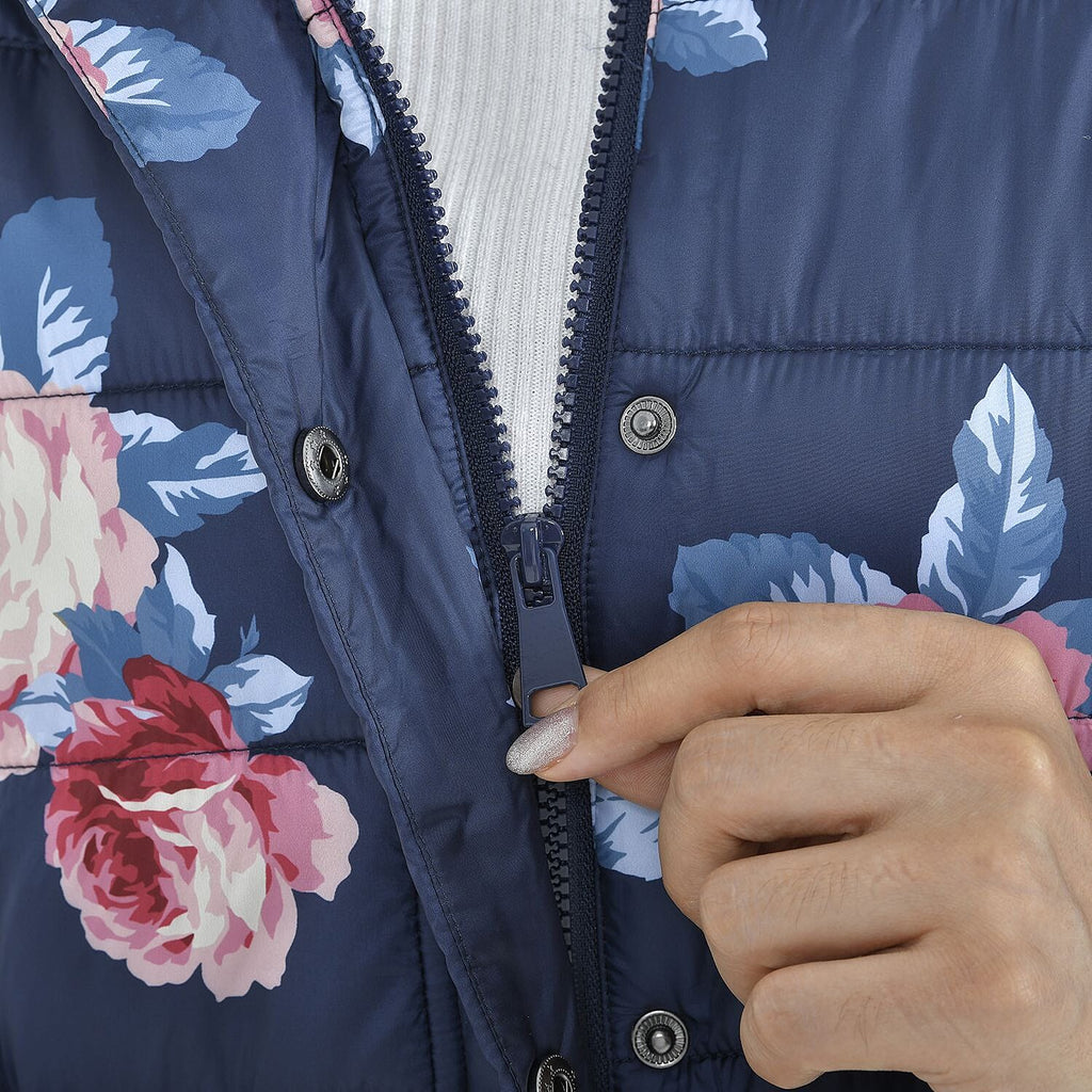Peony Patterned Padded Jacket with 2 Side Pockets (Size XXL, 140X70 cm) - Navy
