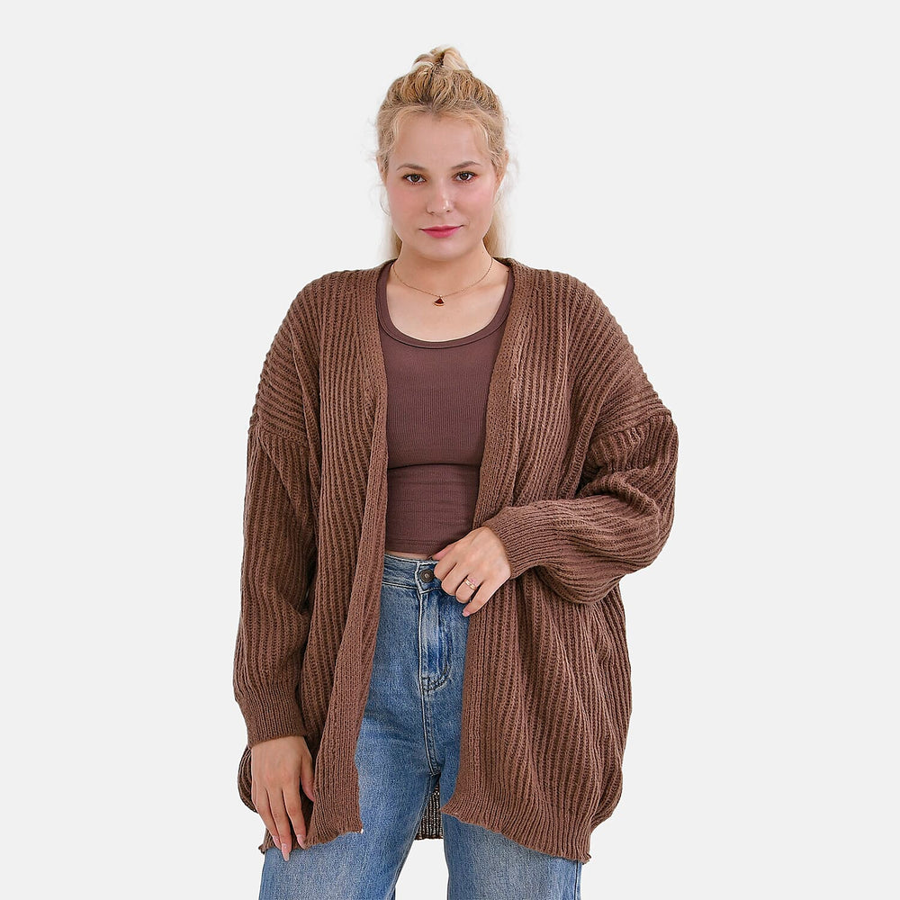 TAMSY Open Front Full Sleeve Knitted Cardigan (One Size) - Brown
