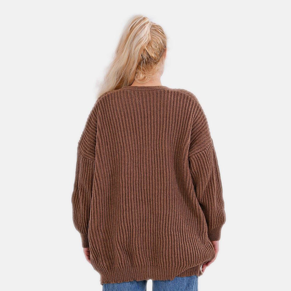 TAMSY Open Front Full Sleeve Knitted Cardigan (One Size) - Brown