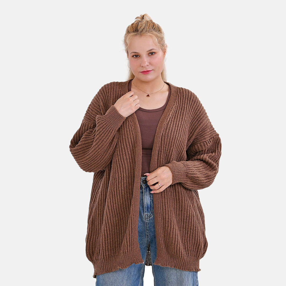 TAMSY Open Front Full Sleeve Knitted Cardigan (One Size) - Brown