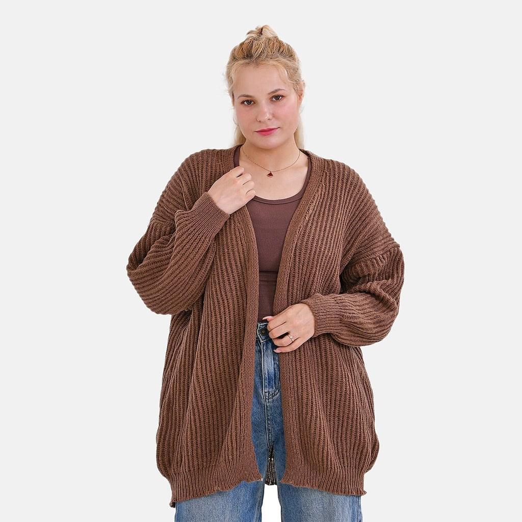 TAMSY Open Front Full Sleeve Knitted Cardigan (One Size) - Brown