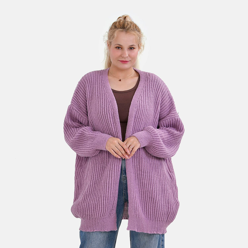 TAMSY Open Front Full Sleeve Knitted Cardigan (One Size) - Purple