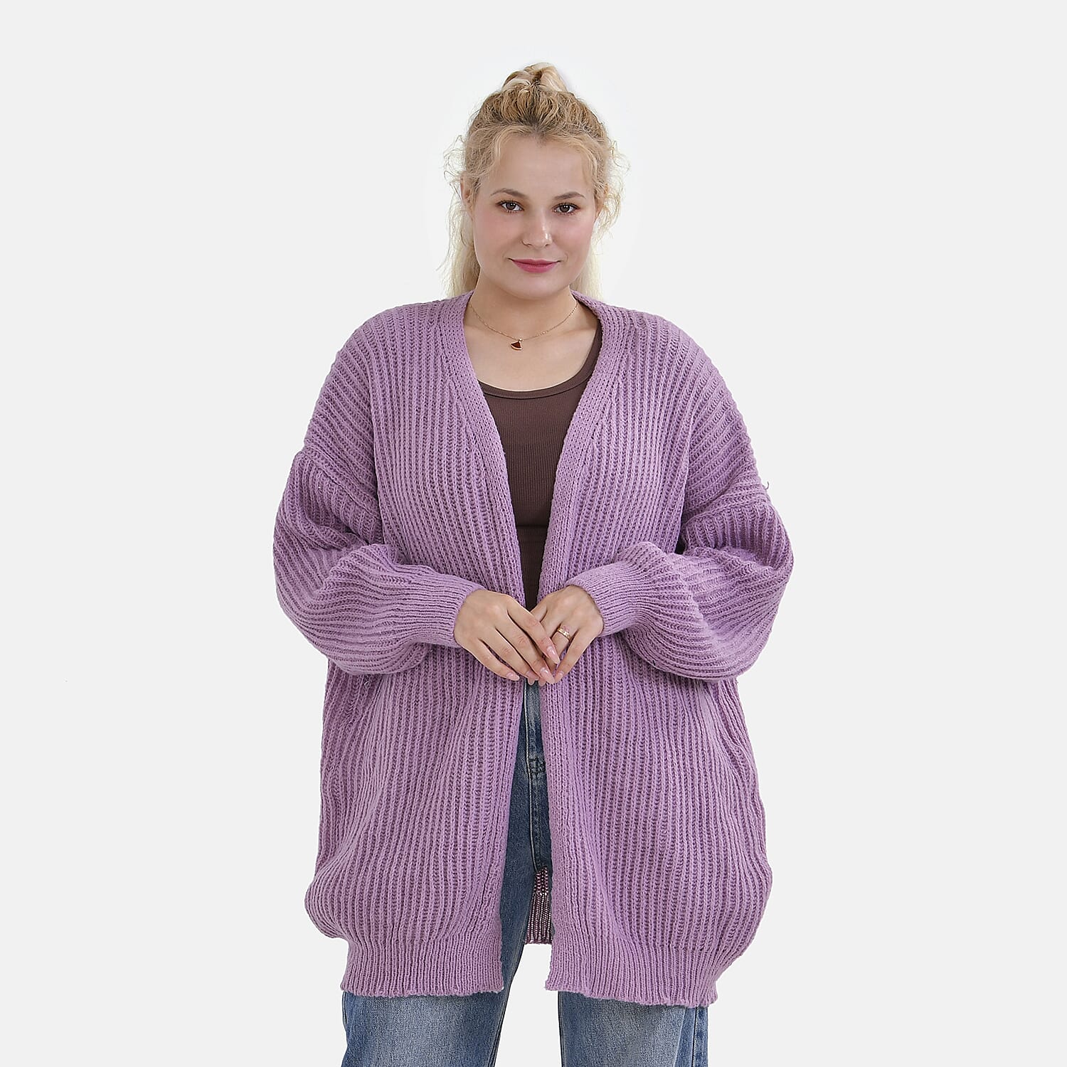 TAMSY Open Front Full Sleeve Knitted Cardigan (One Size) - Purple