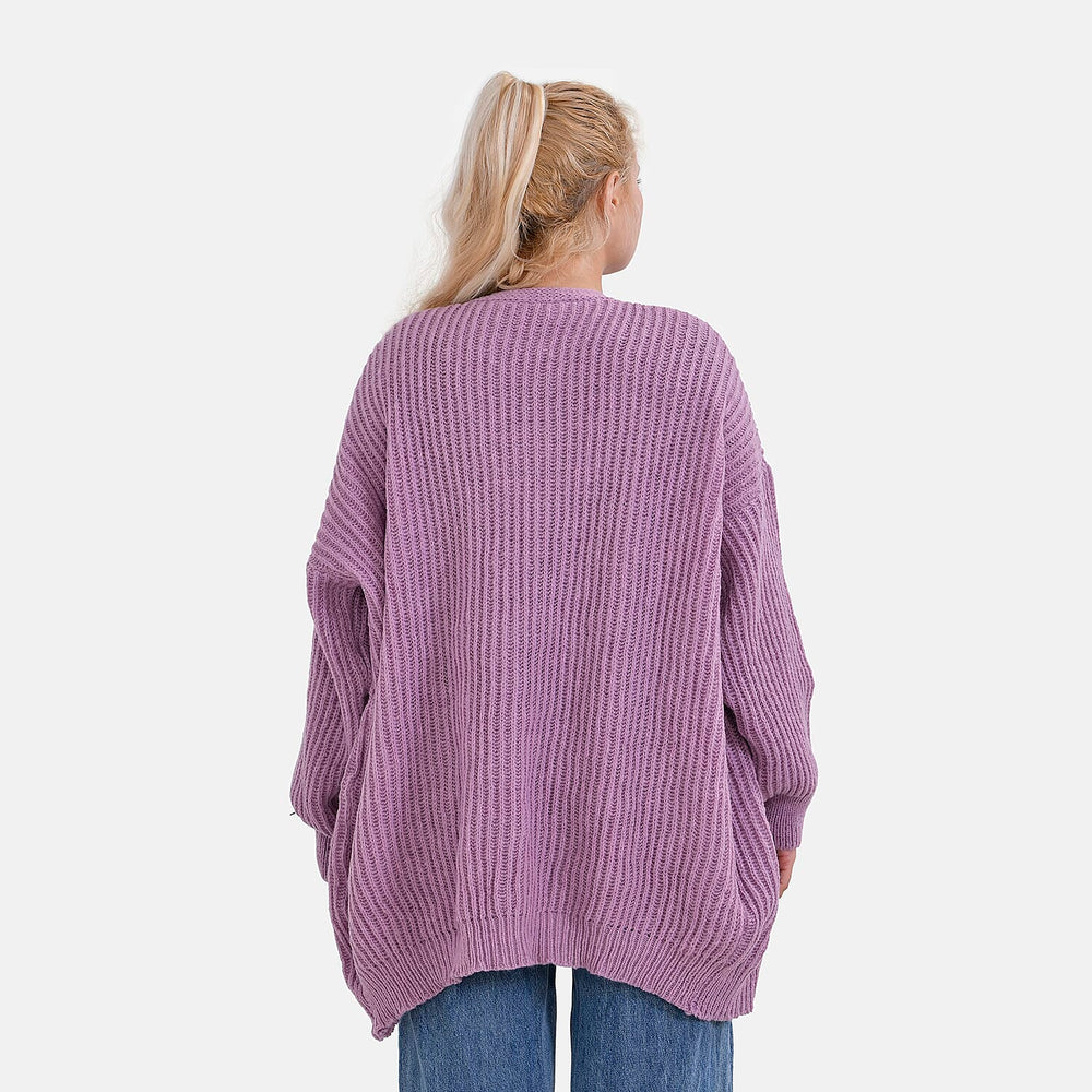 TAMSY Open Front Full Sleeve Knitted Cardigan (One Size) - Purple