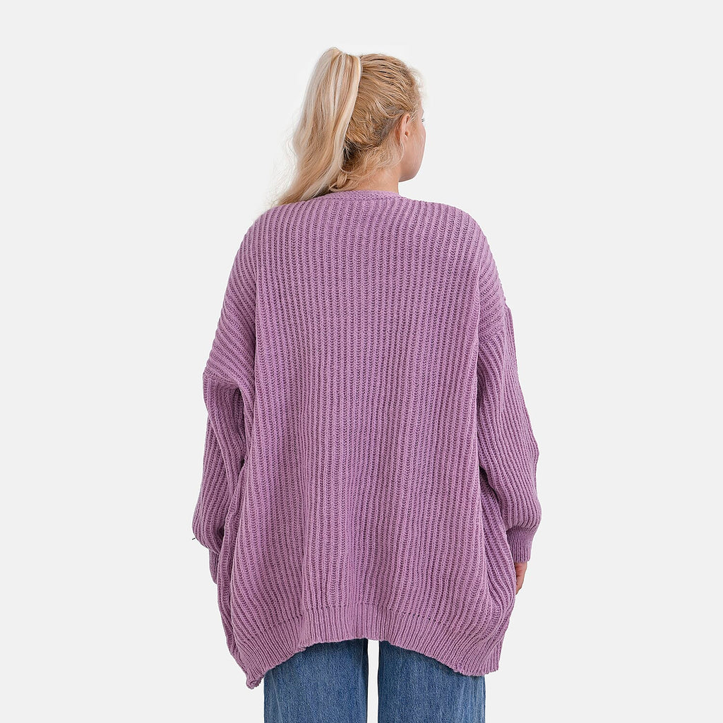 TAMSY Open Front Full Sleeve Knitted Cardigan (One Size) - Purple