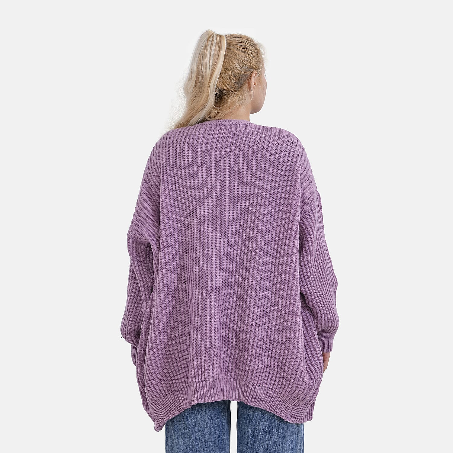 TAMSY Open Front Full Sleeve Knitted Cardigan (One Size) - Purple