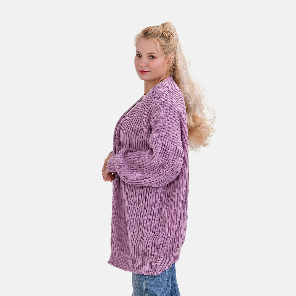 TAMSY Open Front Full Sleeve Knitted Cardigan (One Size) - Purple