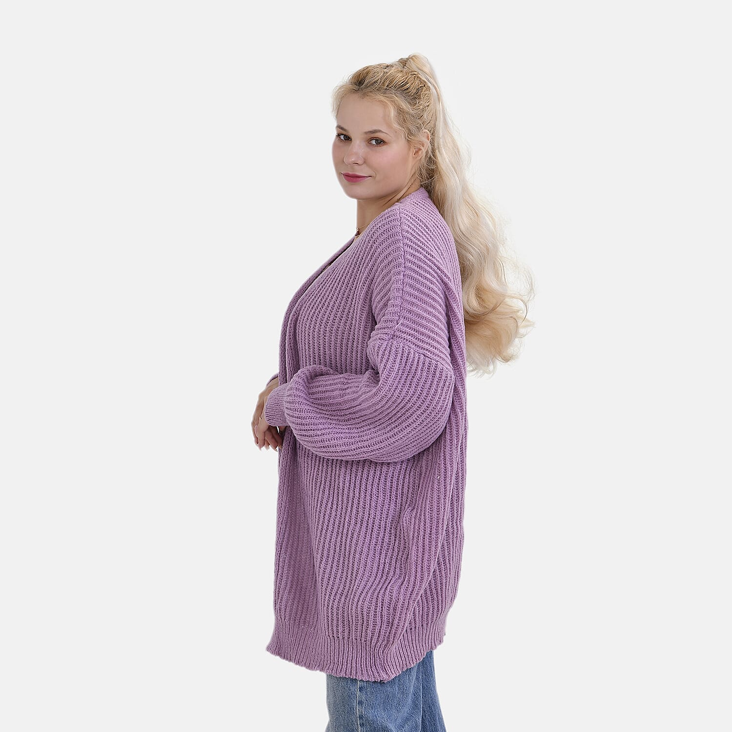 TAMSY Open Front Full Sleeve Knitted Cardigan (One Size) - Purple