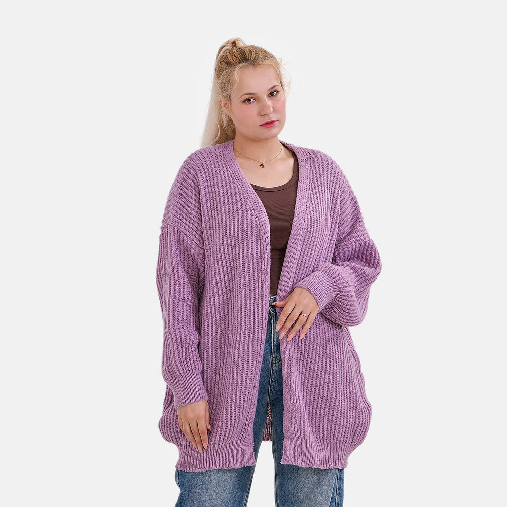 TAMSY Open Front Full Sleeve Knitted Cardigan (One Size) - Purple