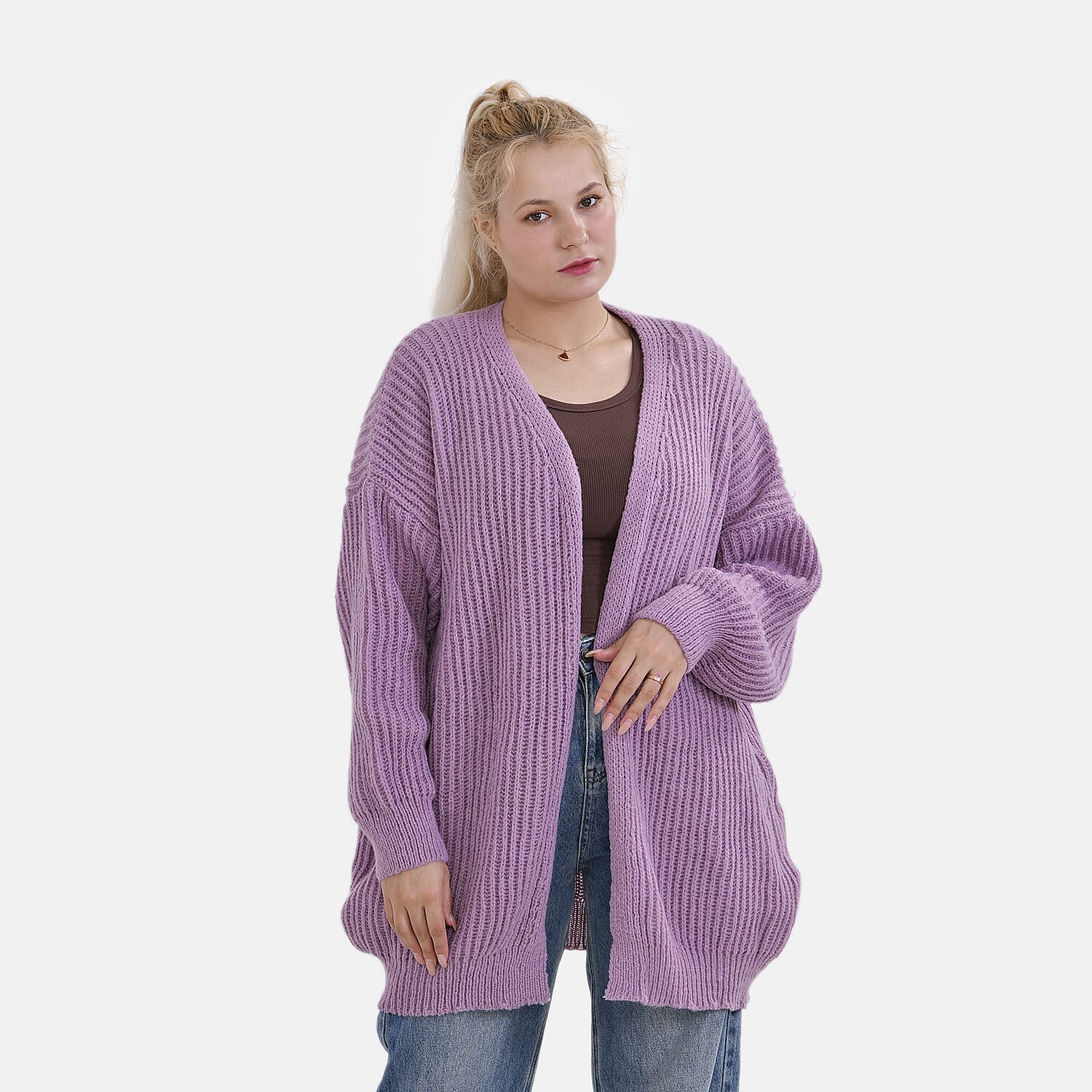 TAMSY Open Front Full Sleeve Knitted Cardigan (One Size) - Purple