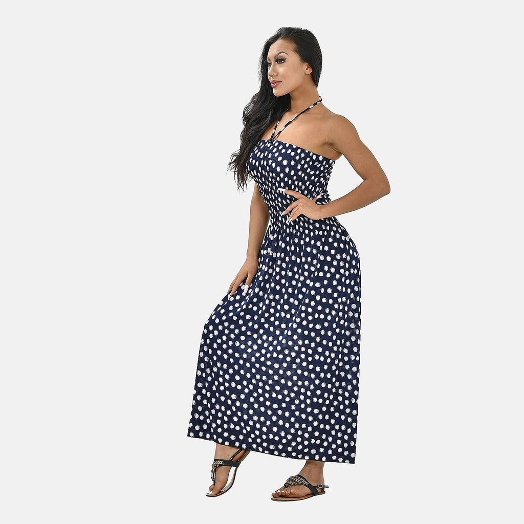 Tamsy Polka Dot Printed Smock Dress (One Size, 8-16) - Dark Blue - White