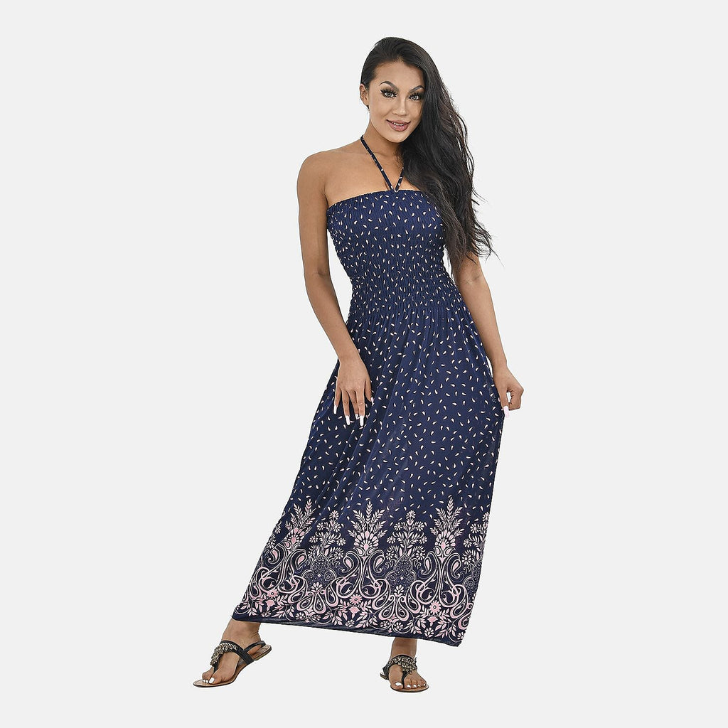 Tamsy Floral Printed Smock Dress (One Size Curve,18-24) - Navy Blue - Pink