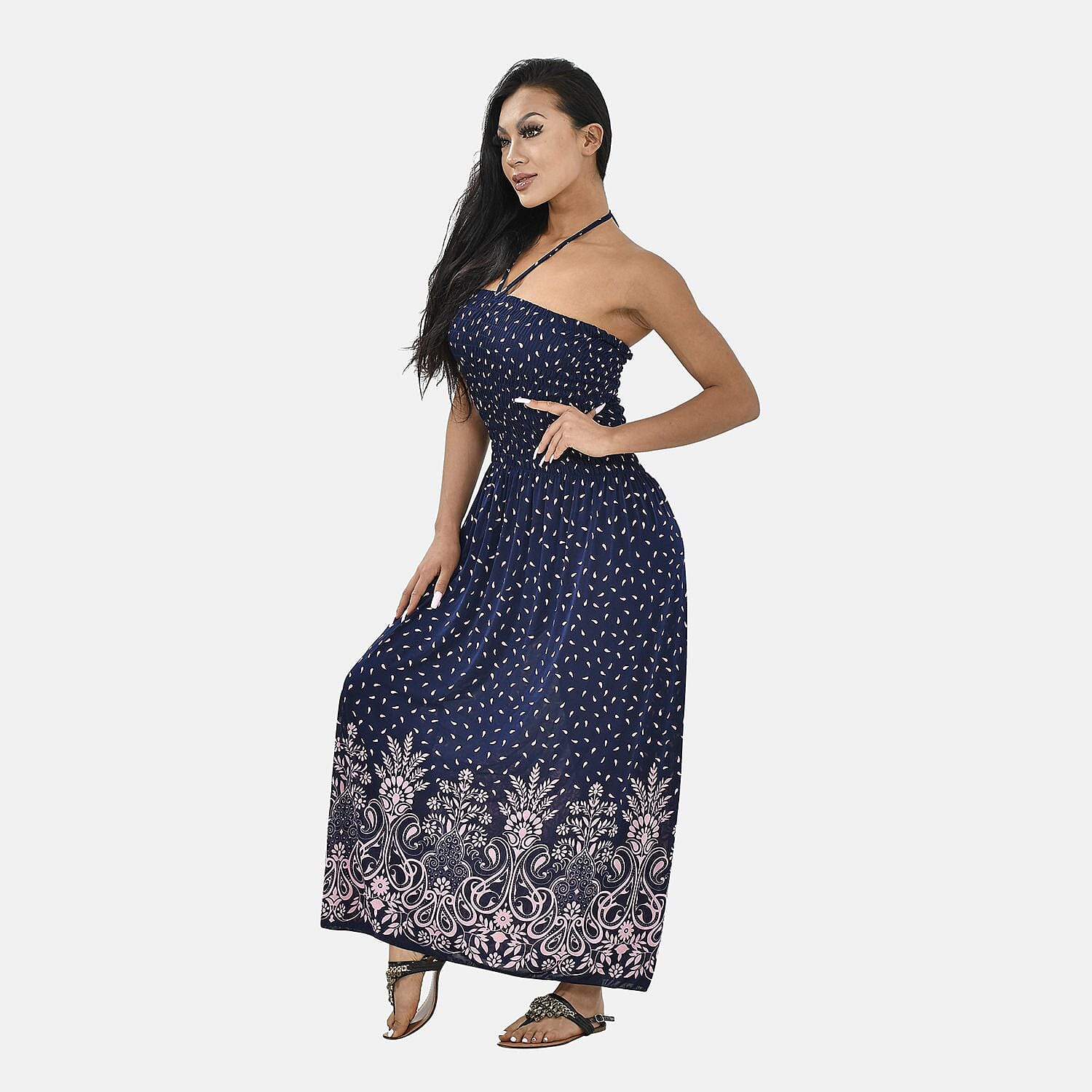 Tamsy Floral Printed Smock Dress (One Size Curve,18-24) - Navy Blue - Pink