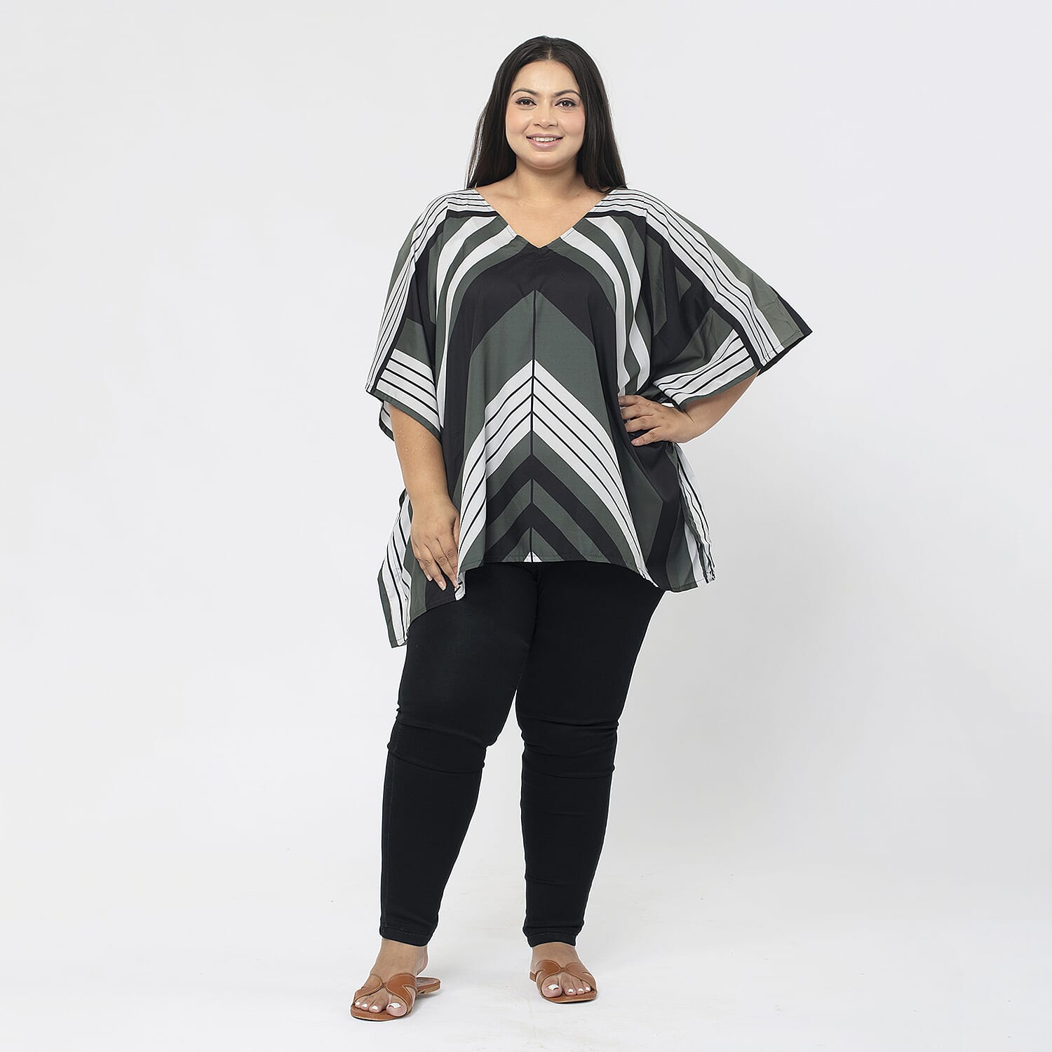 TAMSY Printed V-Neck Kaftan (Size S) - Khaki
