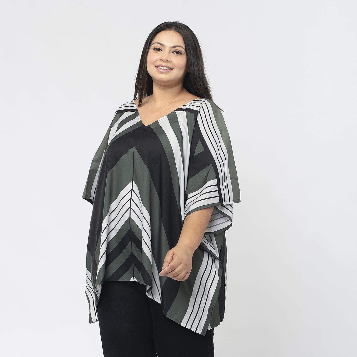 TAMSY Printed V-Neck Kaftan (Size S) - Khaki
