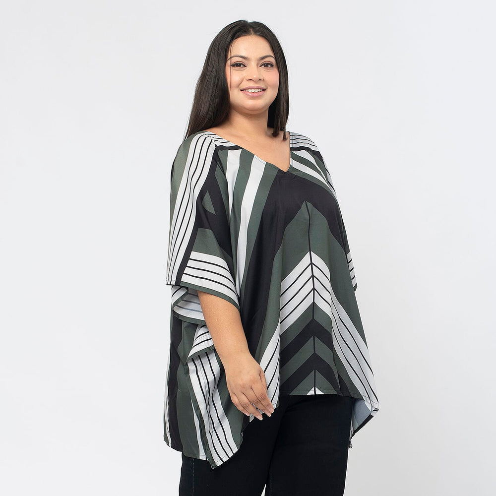 TAMSY Printed V-Neck Kaftan (Size XXL) - Khaki