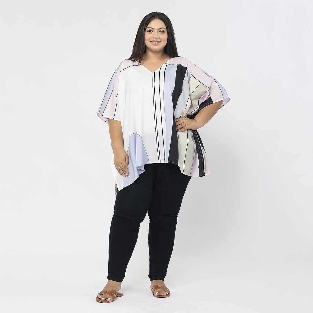 TAMSY Stripe Pattern V-Neck Kaftan (Size XL) - Pink - White