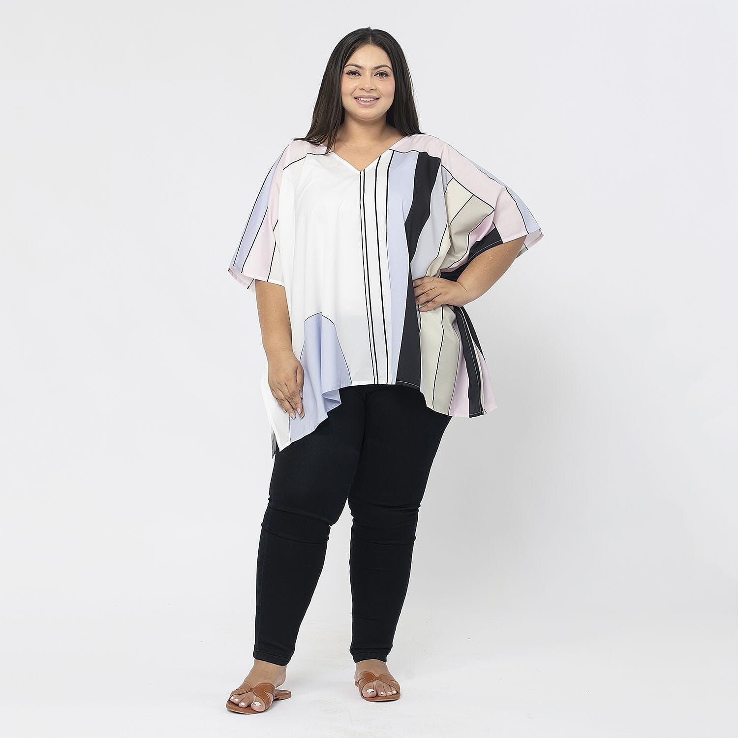 TAMSY Stripe Pattern V-Neck Kaftan (Size XL) - Pink - White