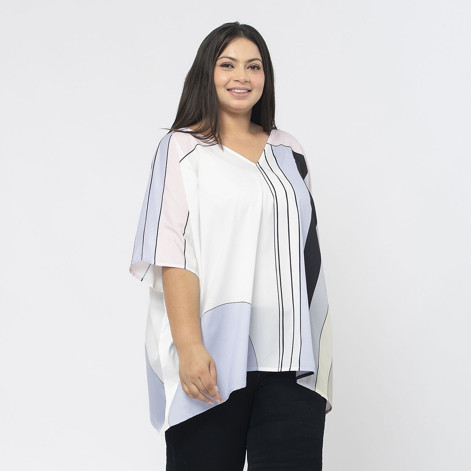 TAMSY Stripe Pattern V-Neck Kaftan (Size XXL) - Pink - White