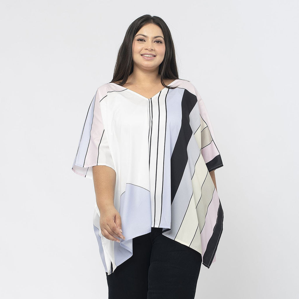 TAMSY Stripe Pattern V-Neck Kaftan (Size XXL) - Pink - White