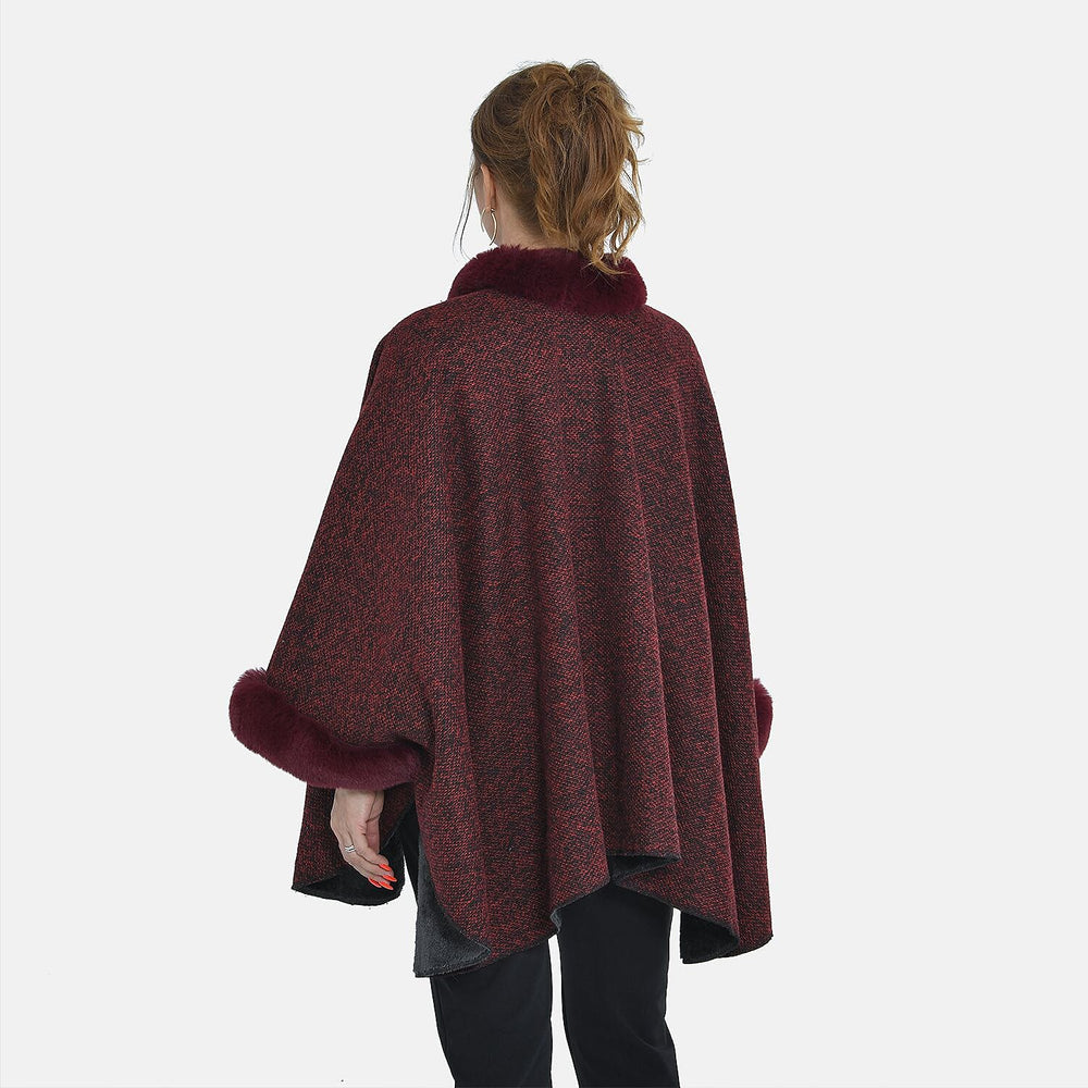 TAMSY - Double Layer Knit Faux Fur Kimono - Burgundy