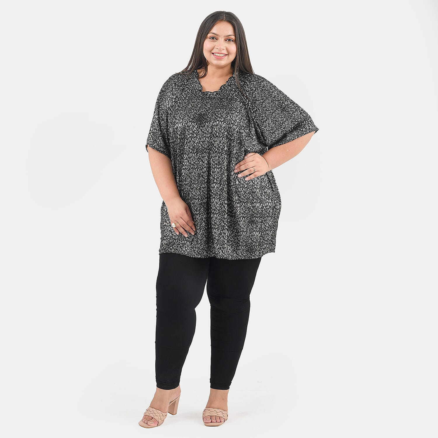 Tamsy Knit Foil Printed Pleated Tunic (One Size) - Black