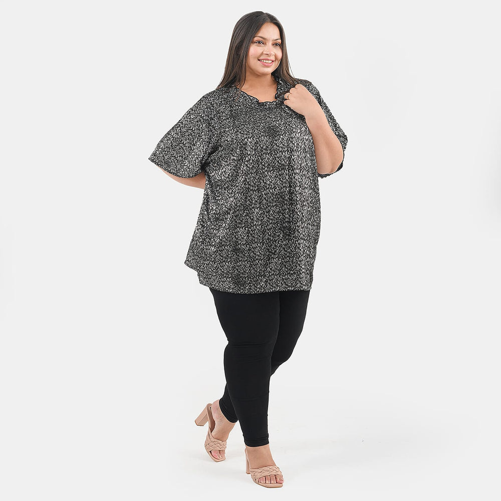 Tamsy Knit Foil Printed Pleated Tunic (One Size Curve) - Black