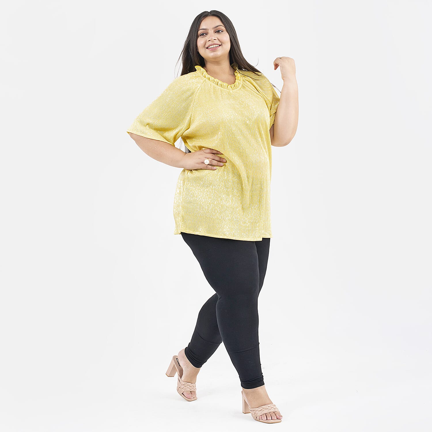 Tamsy Knit Foil Printed Pleated Tunic (One Size Curve) - Golden