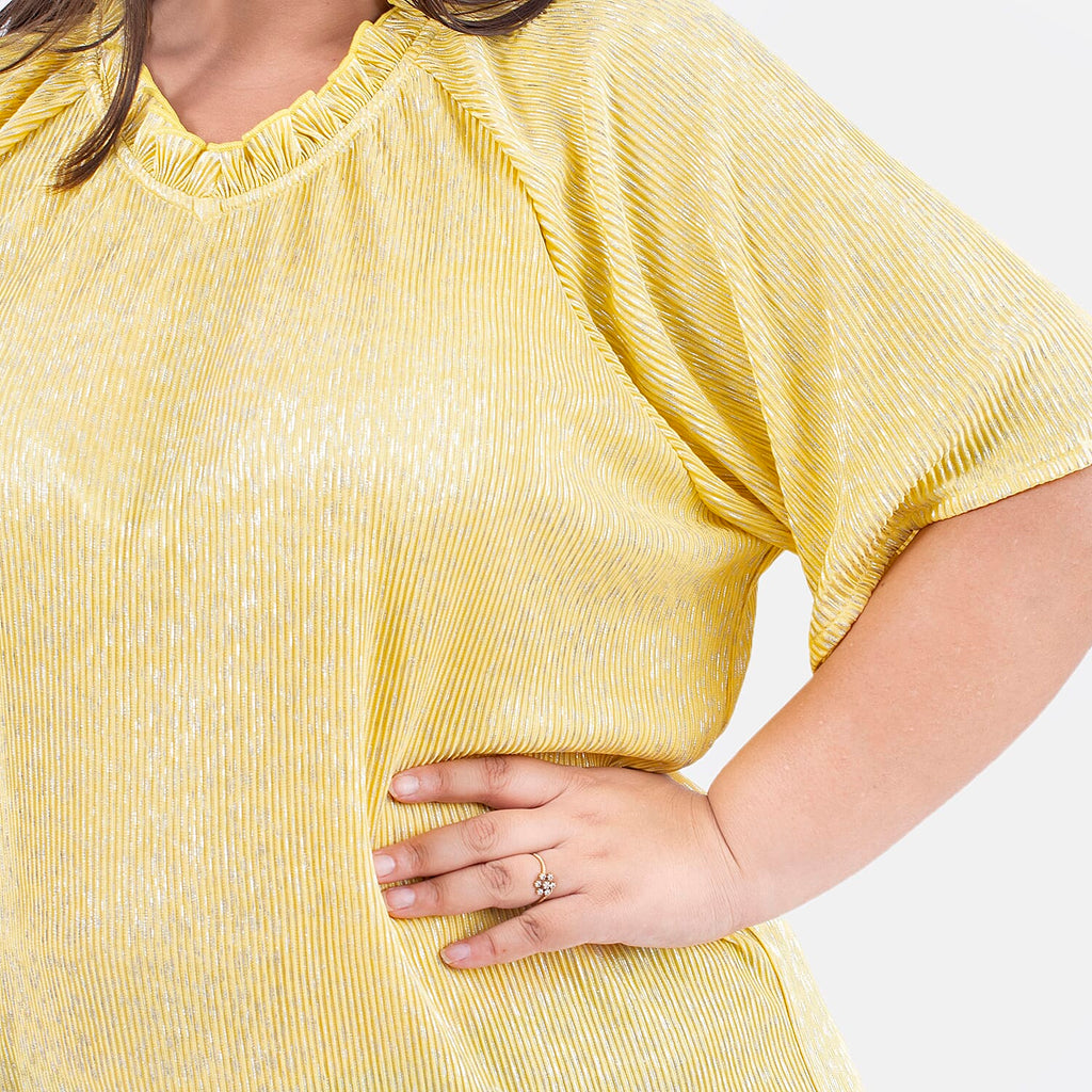 Tamsy Knit Foil Printed Pleated Tunic (One Size Curve) - Golden
