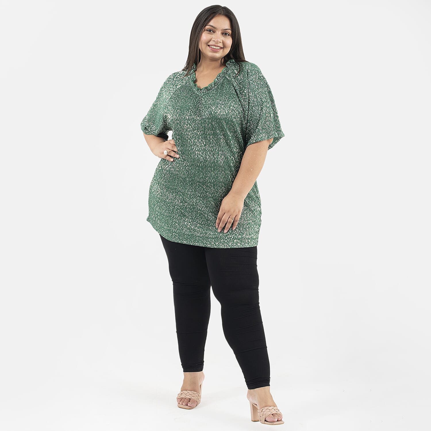 Tamsy Knit Foil Printed Pleated Tunic (One Size Curve) - Green