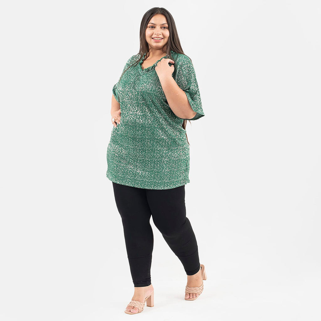 Tamsy Knit Foil Printed Pleated Tunic (One Size Curve) - Green