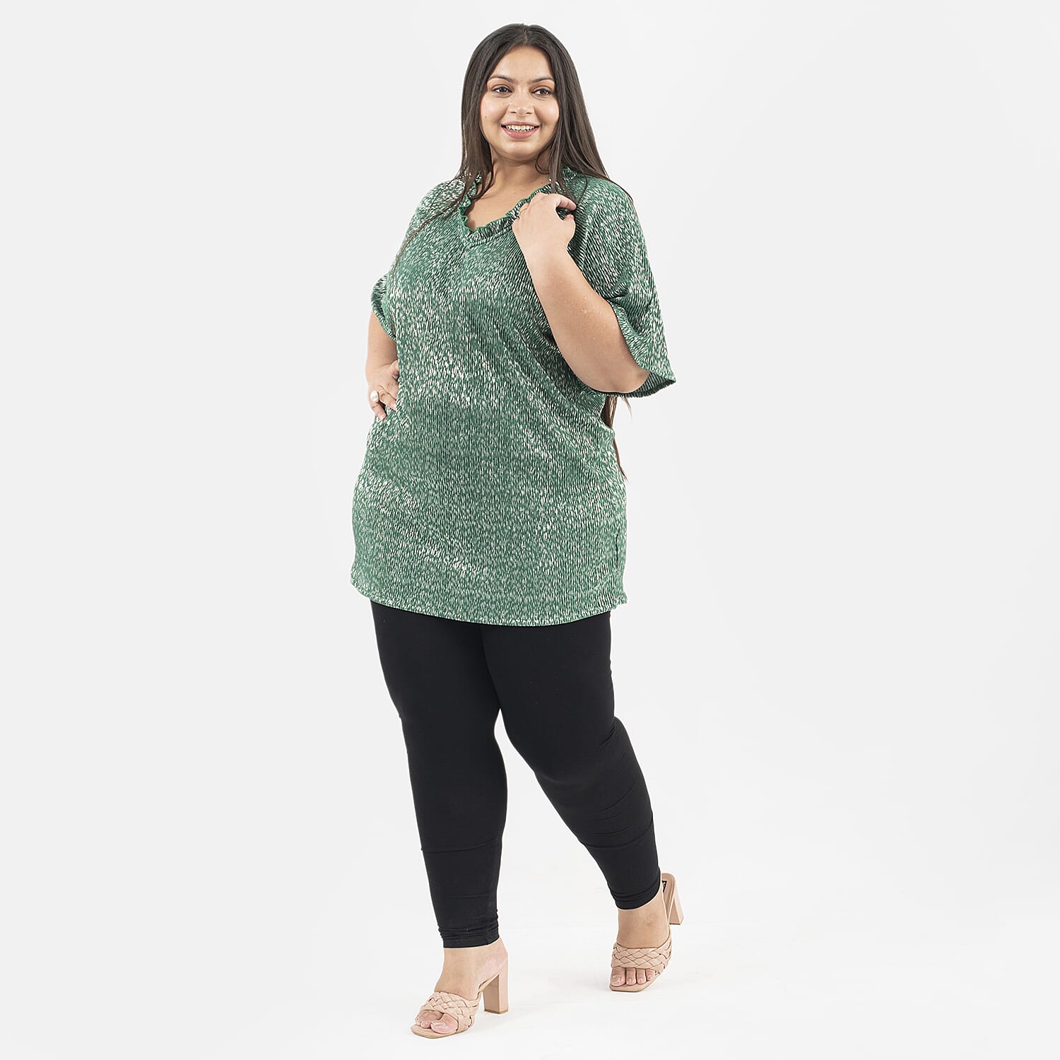 Tamsy Knit Foil Printed Pleated Tunic (One Size Curve) - Green