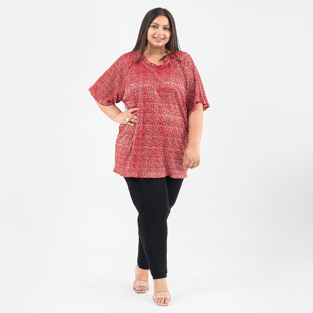 Tamsy Knit Foil Printed Pleated Tunic (One Size Curve) - Red