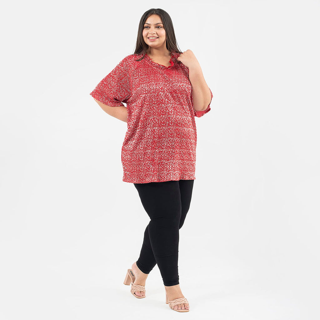 Tamsy Knit Foil Printed Pleated Tunic (One Size Curve) - Red