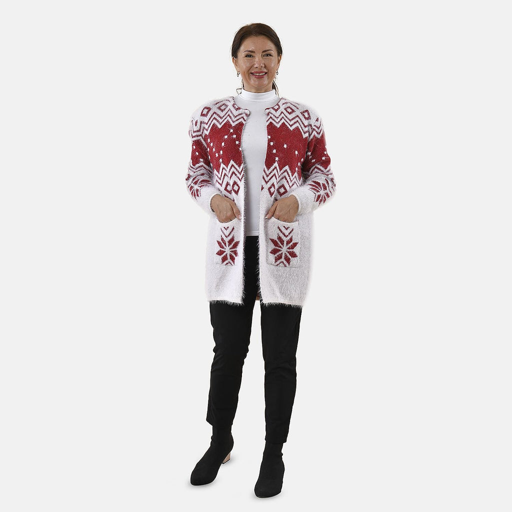 Tamsy Snowflake Pattern Caridgan with 2 Pockets (Sze 8-20) - White - Burgundy