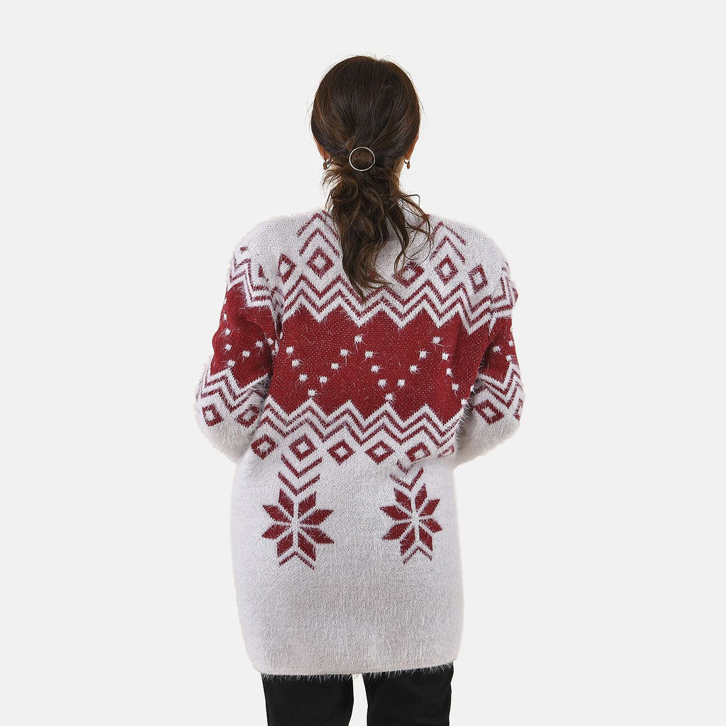 Tamsy Snowflake Pattern Caridgan with 2 Pockets (Sze 8-20) - White - Burgundy