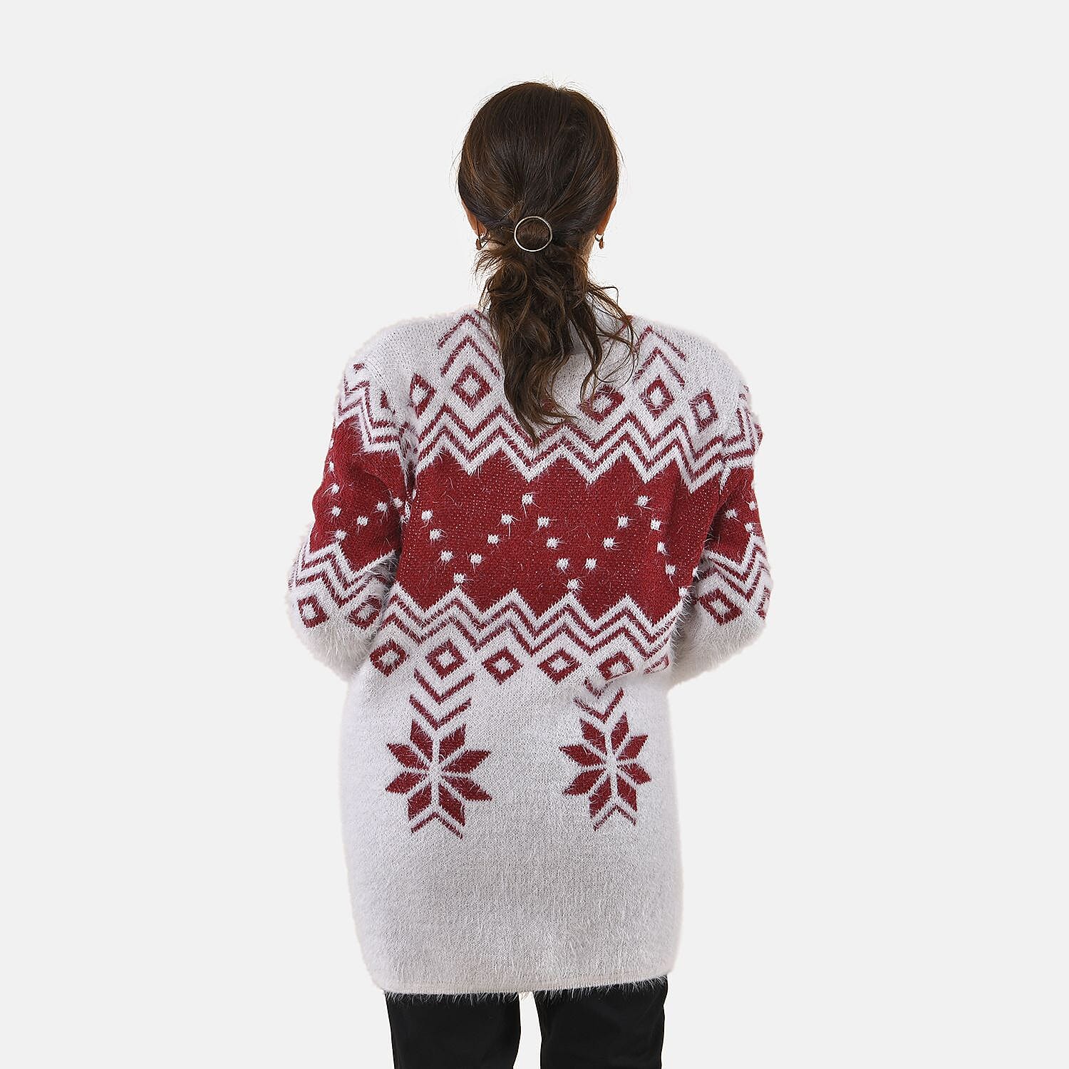 Tamsy Snowflake Pattern Caridgan with 2 Pockets (Sze 8-20) - White - Burgundy