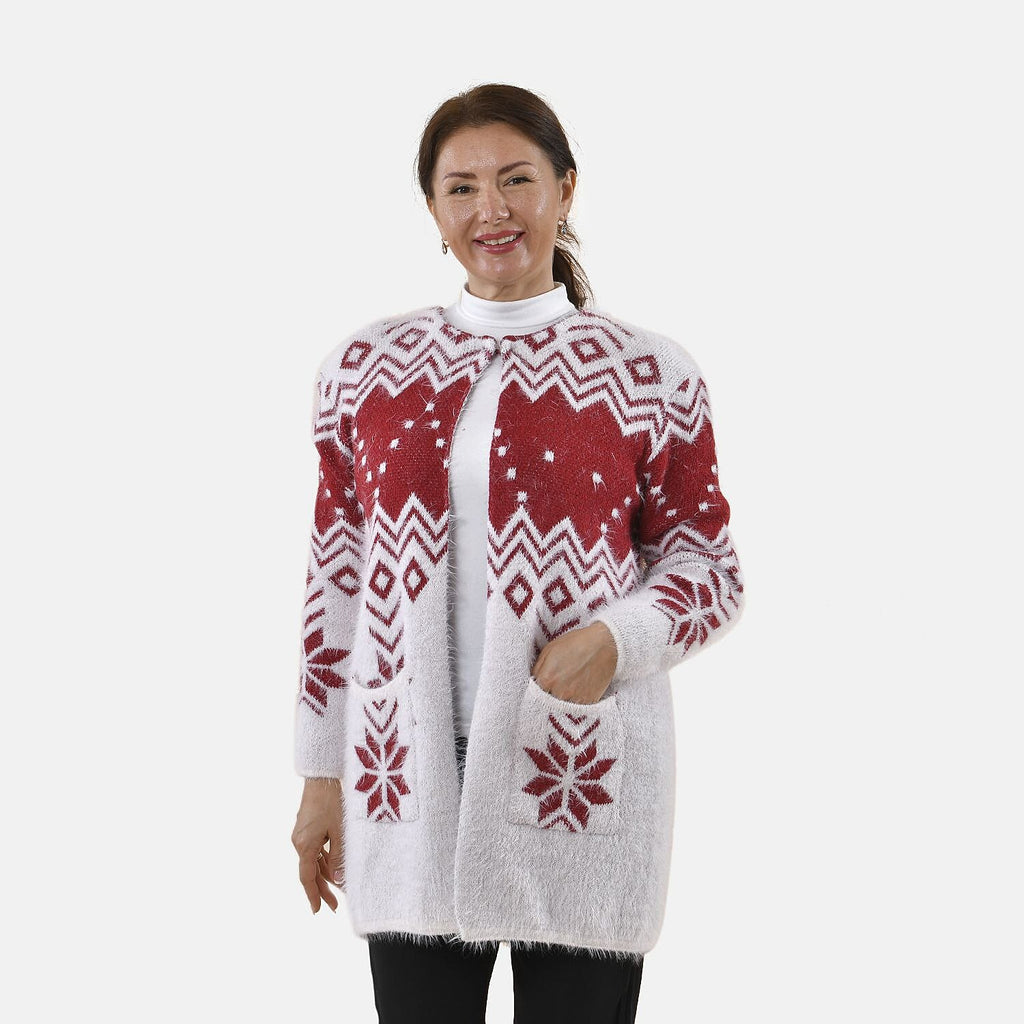 Tamsy Snowflake Pattern Caridgan with 2 Pockets (Sze 8-20) - White - Burgundy