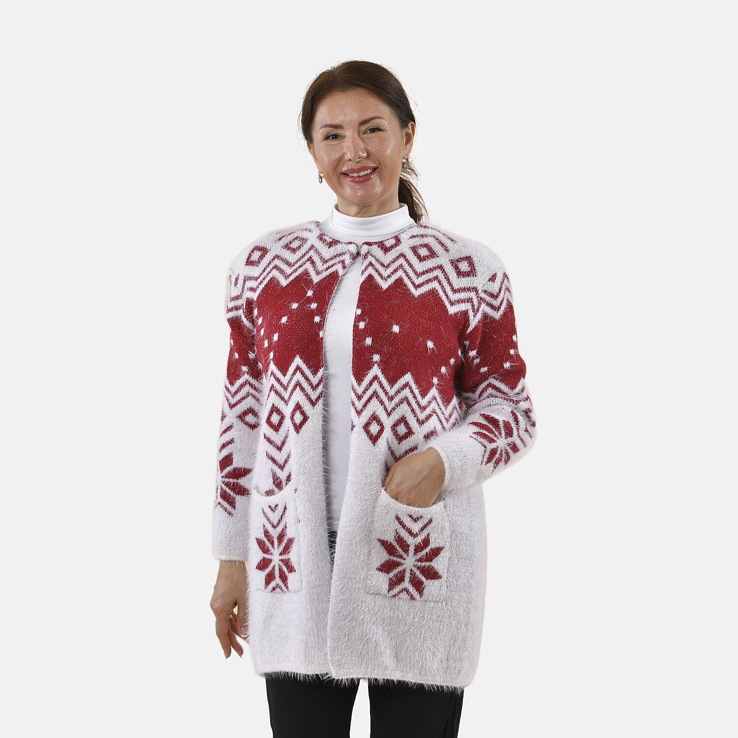 Tamsy Snowflake Pattern Caridgan with 2 Pockets (Sze 8-20) - White - Burgundy