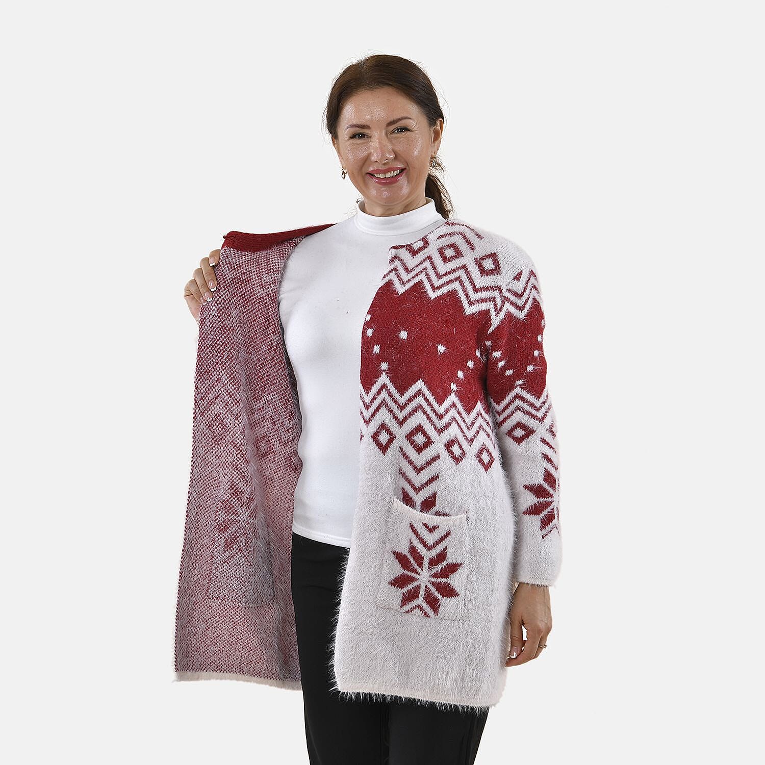 Tamsy Snowflake Pattern Caridgan with 2 Pockets (Sze 8-20) - White - Burgundy