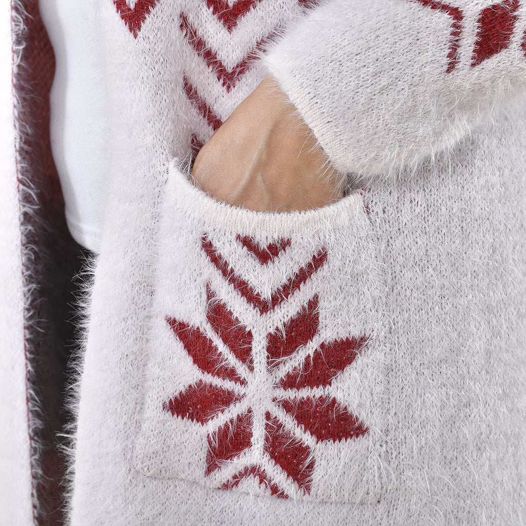 Tamsy Snowflake Pattern Caridgan with 2 Pockets (Sze 8-20) - White - Burgundy