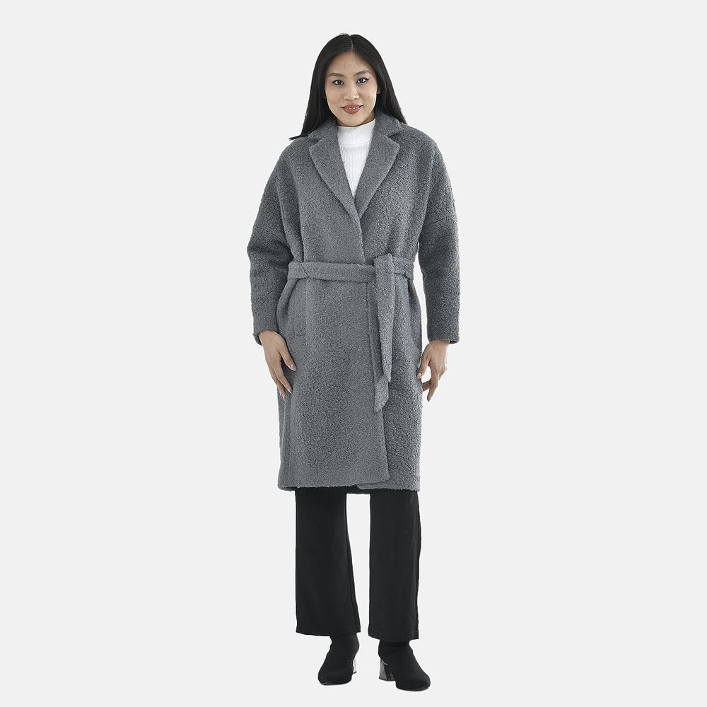 Tamsy Boucle Tie Belted Coat with 2 Side Pockets (Size S) - Grey