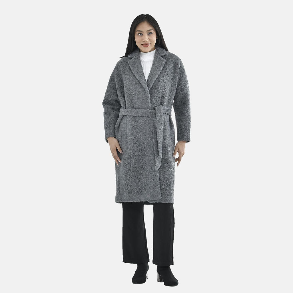 Tamsy Boucle Tie Belted Coat with 2 Side Pockets (Size S) - Grey