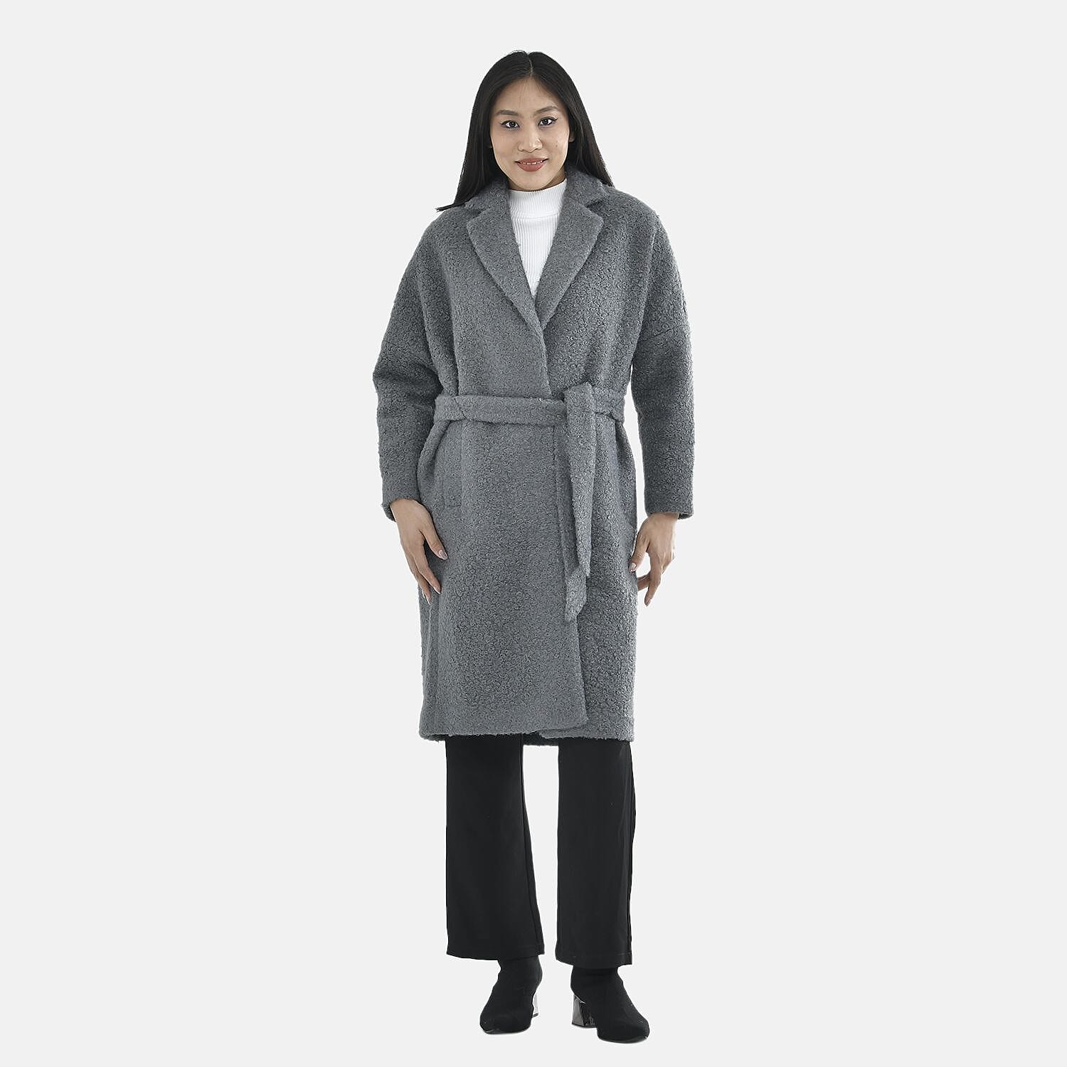 Tamsy Boucle Tie Belted Coat with 2 Side Pockets (Size S) - Grey